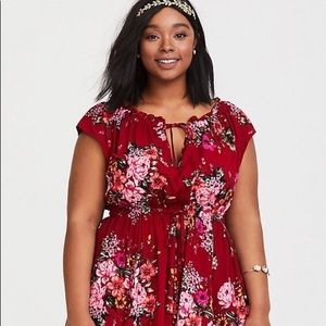 RED FLORAL CHALLIS MINI DRESS